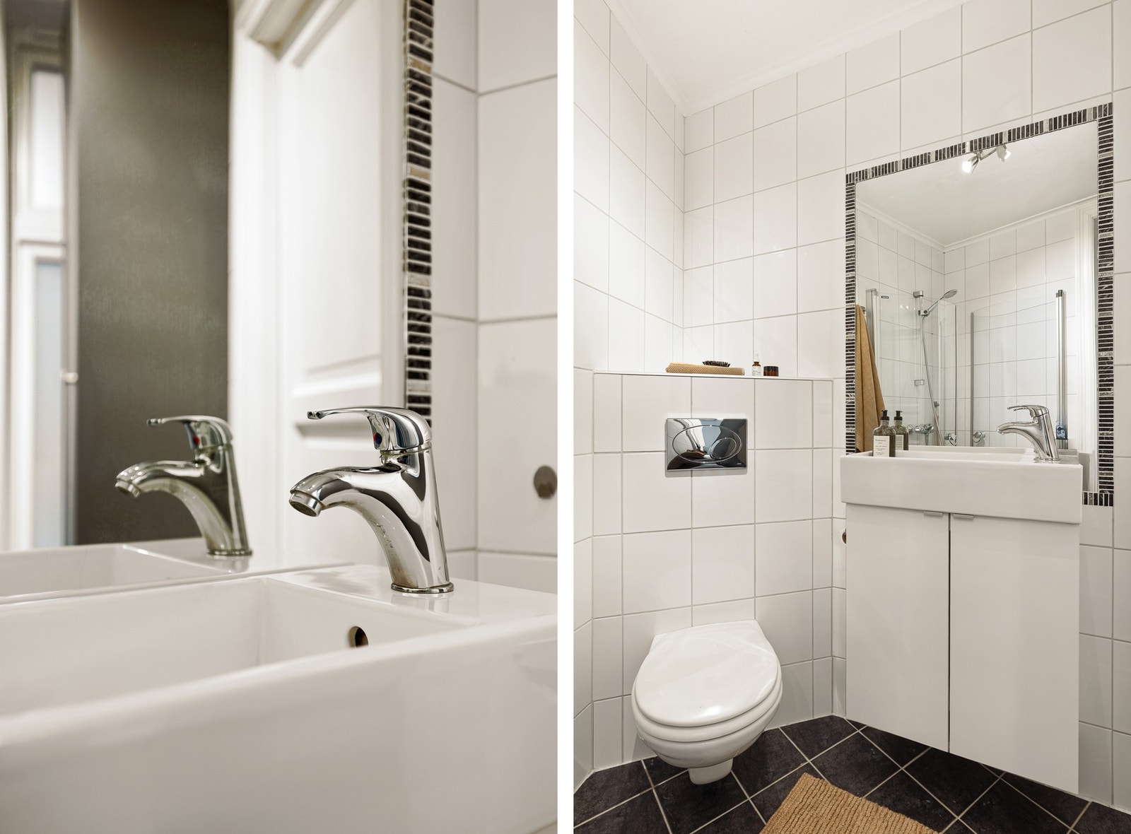 Det er innredet med vegghengt toalett, dusj med glassvegger og baderomsinnredning med servant, speil og belysning. Galleribilde