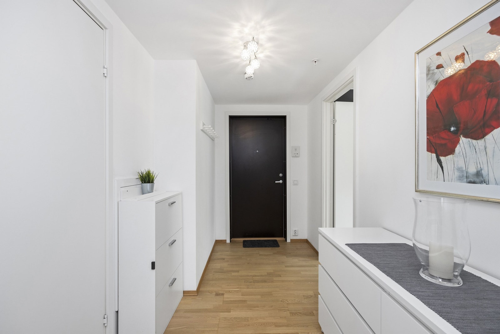 Romslig entré med lysmalte vegg- og takflater som gir et godt førsteinntrykk. God plass til oppheng av tøy og oppbevaring av sko Galleribilde