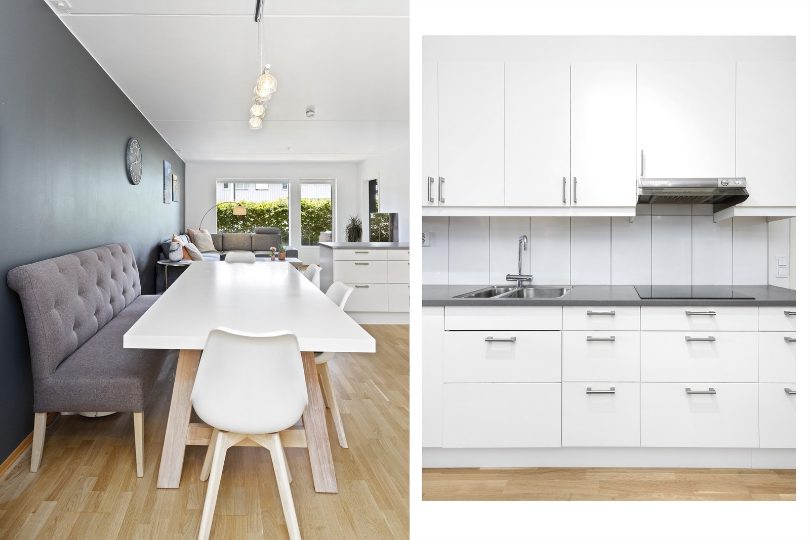 Et innholdsrikt kjøkken med alt du trenger av integrerte hvitevarer. Kjøkkenets åpne løsning gjør det til et sosialt kjøkken når du har gjester Galleribilde