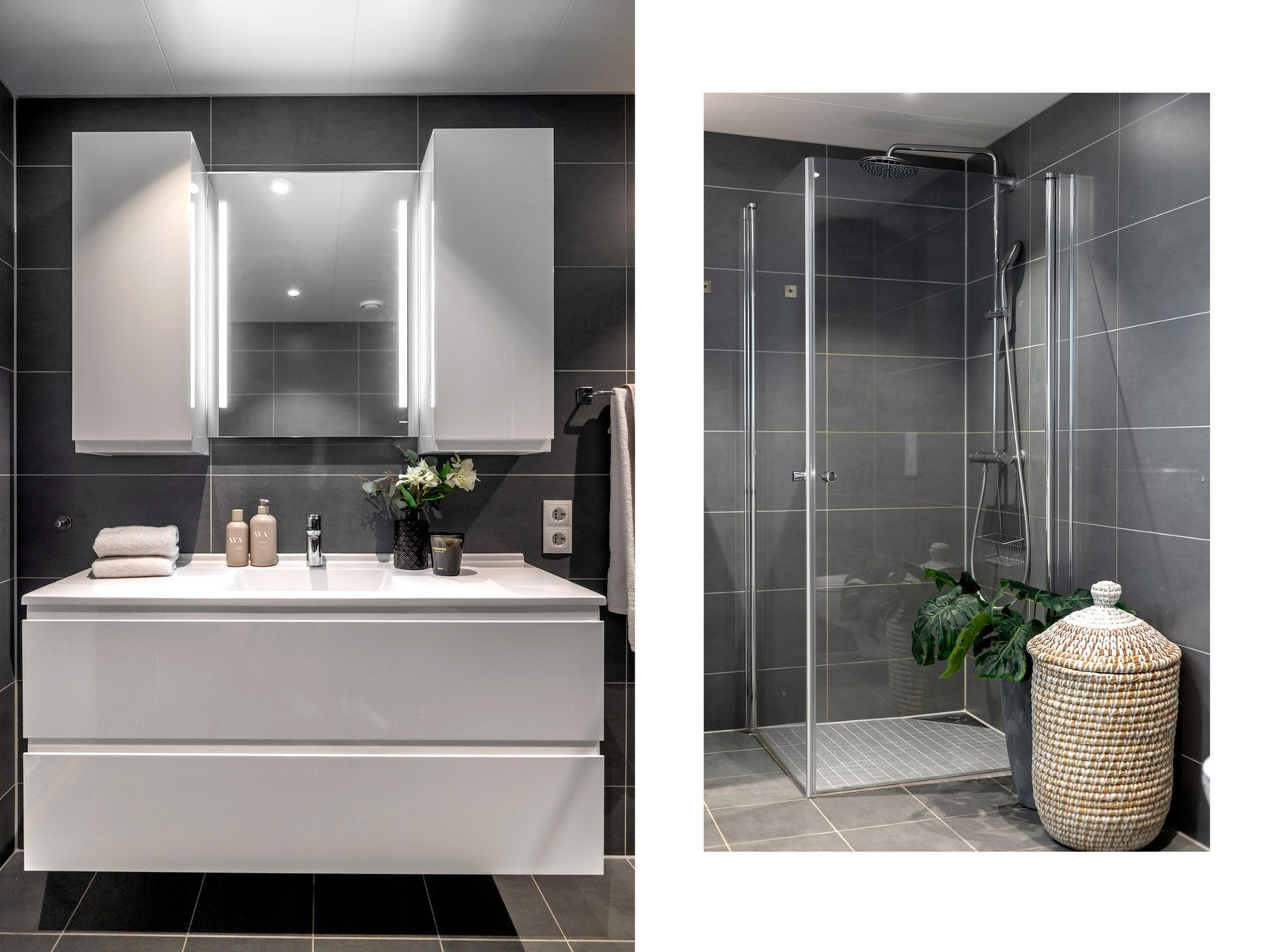 Dusjhjørne har to rette fronter i herdet glass - Badet har også opplegg for vaskemaskin og tørketrommel Galleribilde