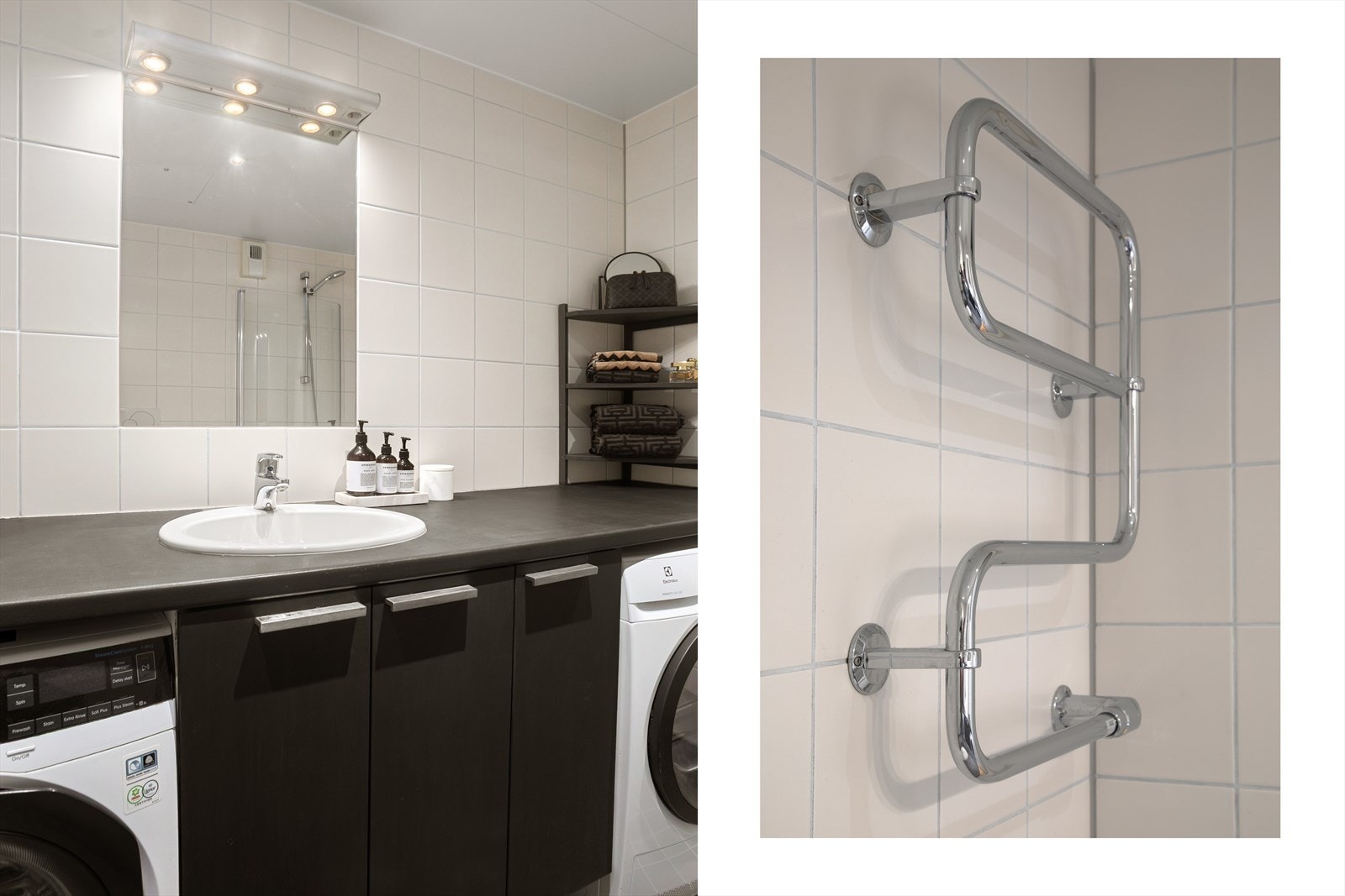 Baderommet er utstyrt med servant med innredning, speil over servant, veggfestet klosett, dusj på gulv, opplegg for vaskemaskin og håndkletørker Galleribilde