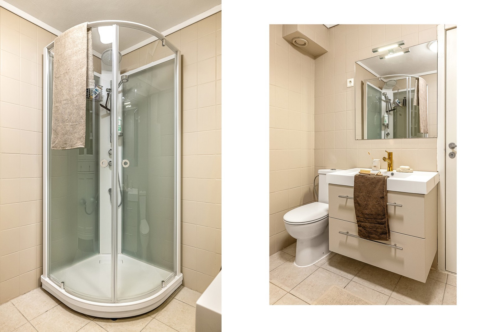 Badet inneholder toalett, helstøpt servant med skuffer under med slette fronter og dusjkabinett. Galleribilde