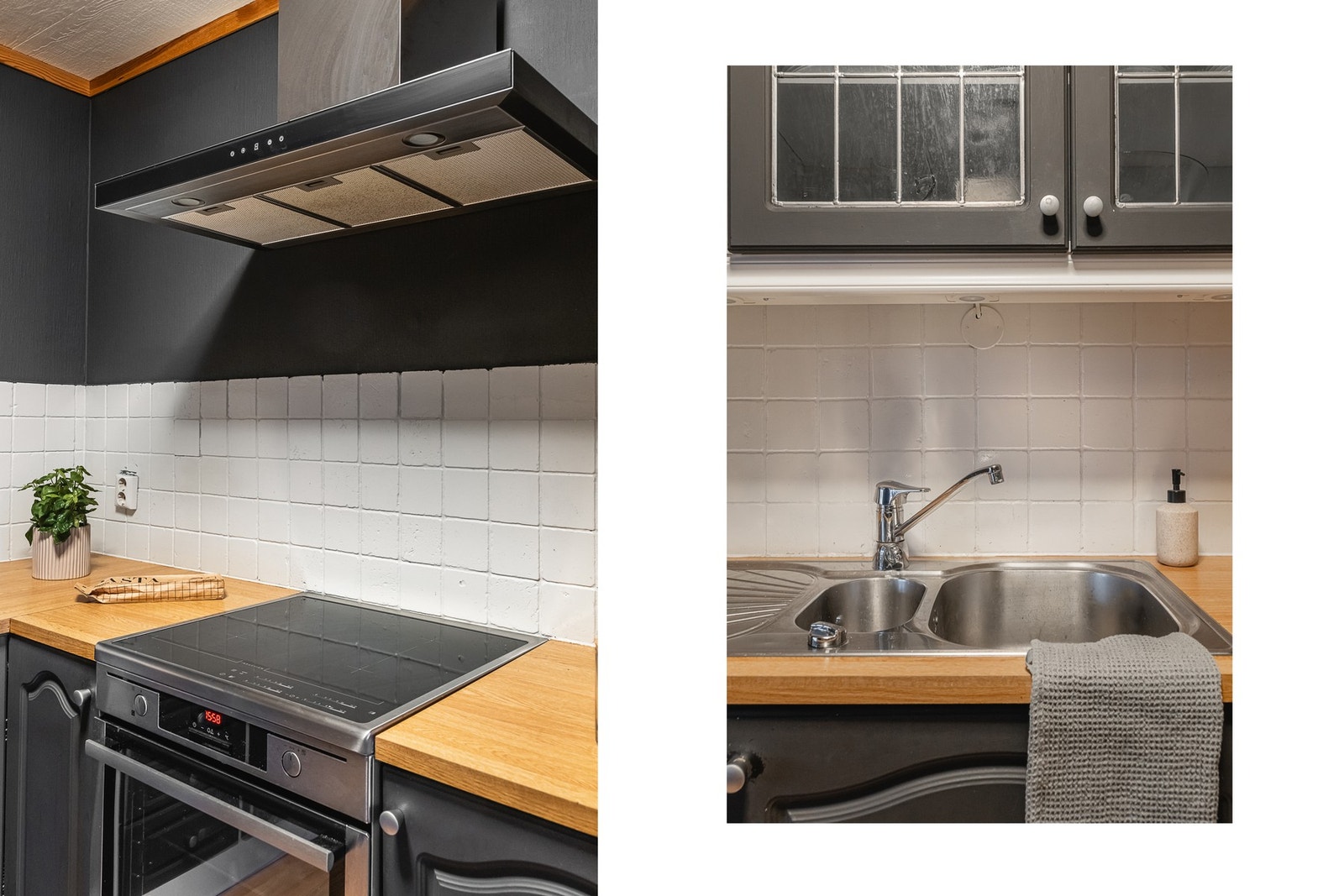 Kjøkkenet har laminat benkeplate med fliser over benkeplaten, stål oppvaskkum og ventilator. Galleribilde