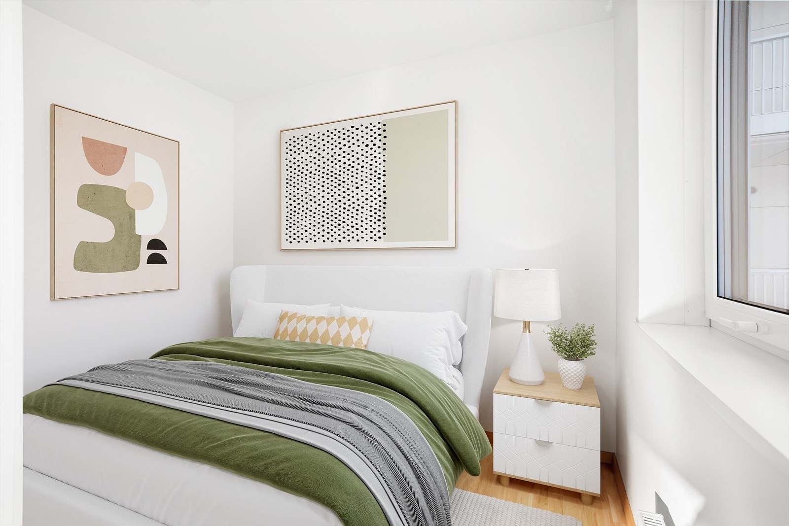 Leiligheten har et lyst soverom med en takhøyde på 2,5m (Bildet er digitalt stylet). Galleribilde