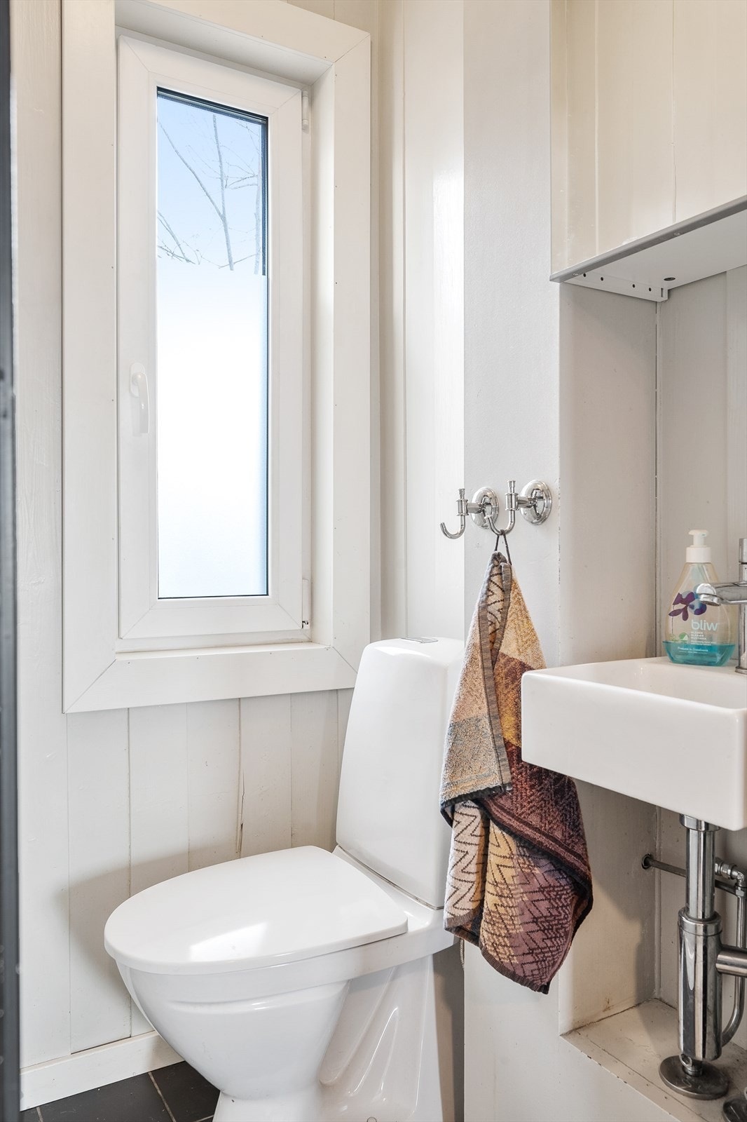 Toalettrom med servant og vindu med direkte adkomst fra entréen Galleribilde