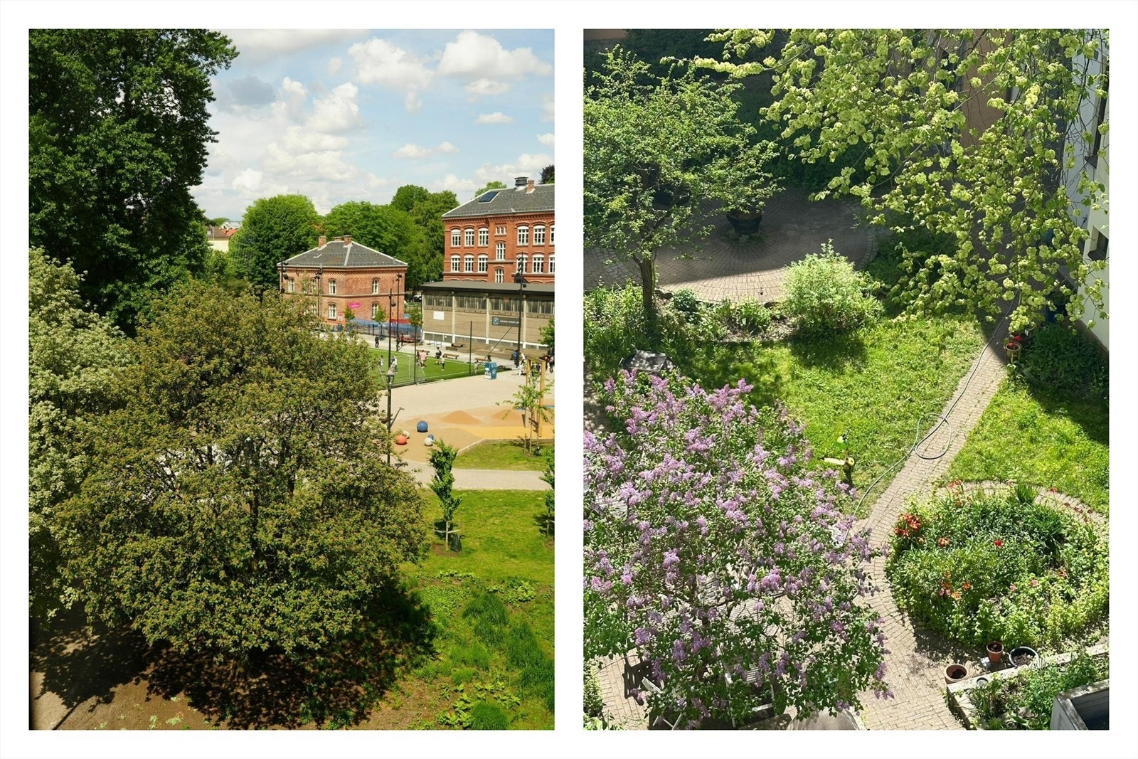 Utsyn mot bakgård fra balkongen og i motsatt ende mot Rudolf Nilsens plass som tilbyr skøytepane, treningsapparater, lekeplass og mye mer Galleribilde