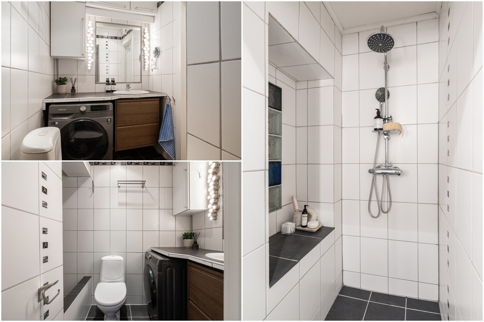 Flislagt bad med varmekabler i gulv og innmurt dusjnisje Galleribilde