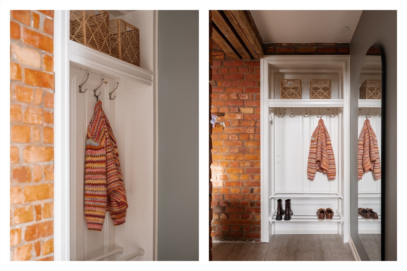 Keramiske fliser i entré og innfelt, åpen garderobe til klesavheng Galleribilde