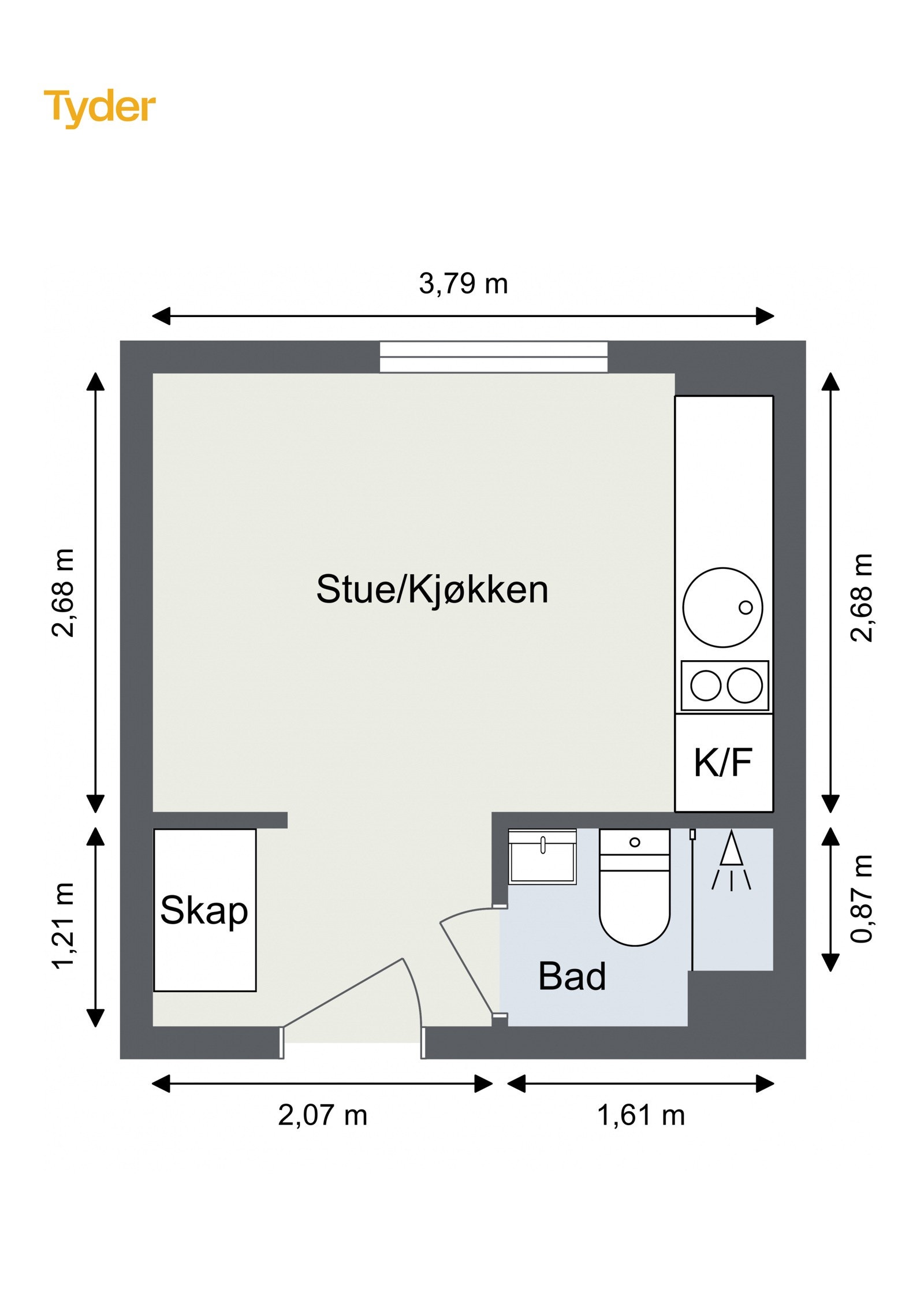 Plantegning 3. etasje med heis. I tillegg disponerer leiligheten en kjellerbod på ca. 1,5m². Galleribilde
