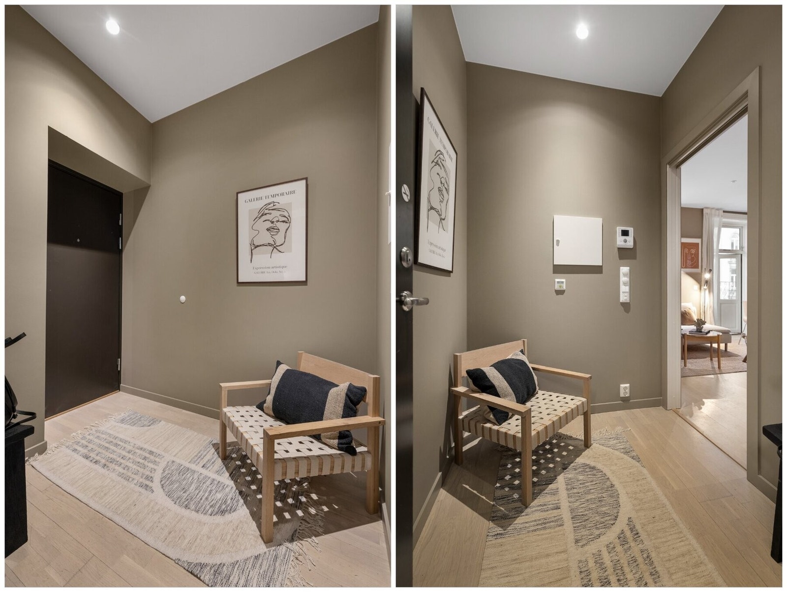 Velkommen inn! Hyggelig entré som gir et godt førsteinntrykk og fungerer som det naturlige knutepunktet i leiligheten. Galleribilde