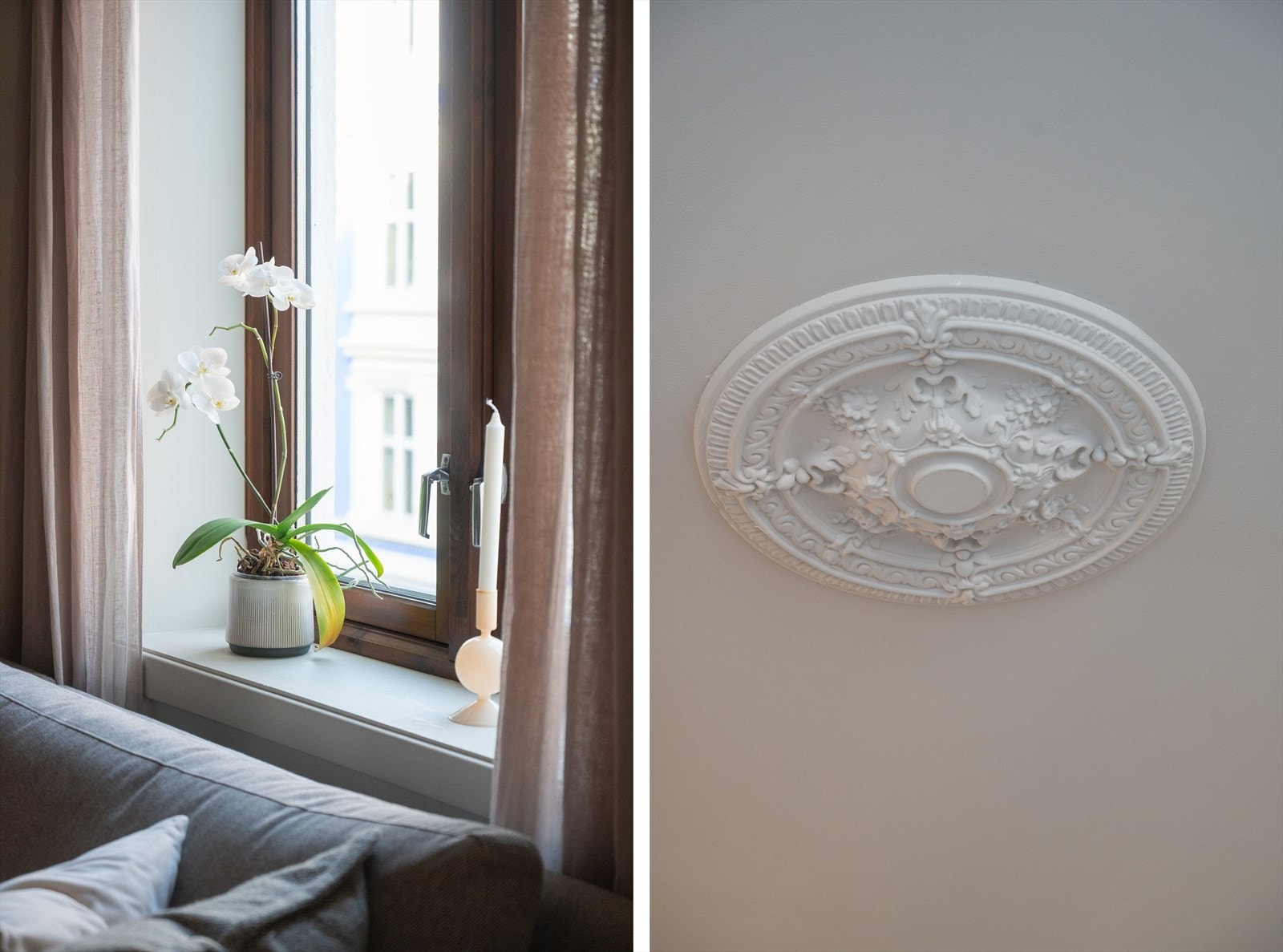 Klassiske detaljer som takrosett komplementerer den moderne standarden. Galleribilde