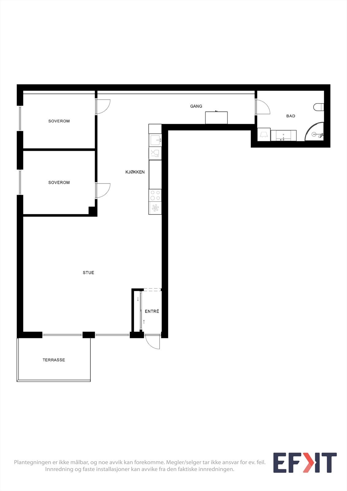 Planløsningen på 86 m² er arealeffektiv og rommer entré, to soverom, bad og en åpen stue- og kjøkkenløsning. Galleribilde