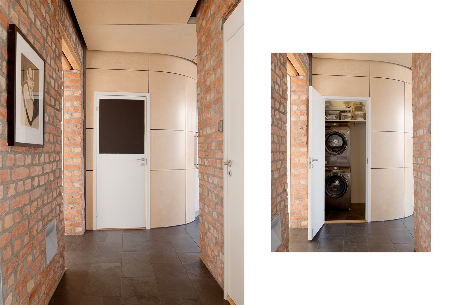 I mellomgangen er det en praktisk innvendig bod som blir som et eget "mini vaskerom". Her er det opplegg for vaskemaskin/tørketrommel samt ekstra oppbevaringsplass og hyller. Galleribilde