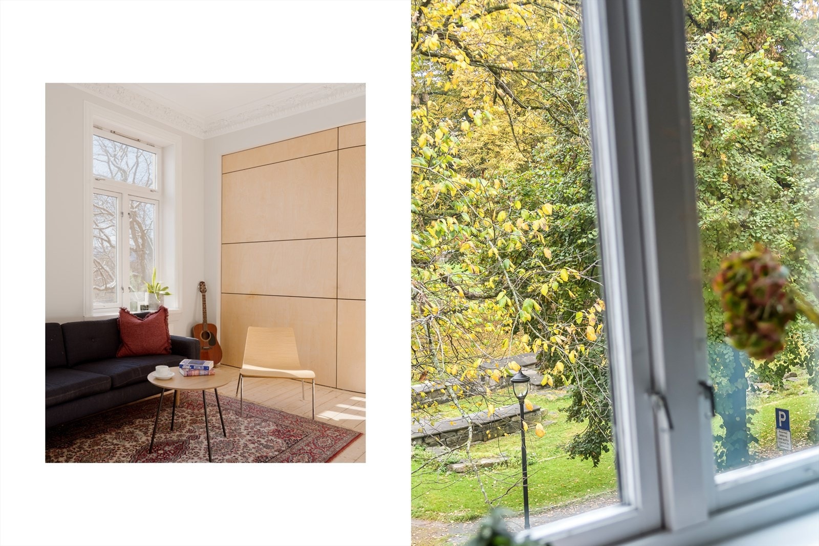 Sitat selger "Jeg falt pladask for den unike arkitekturen med den buete veggen - det gir rommet en helt spesiell karakter og flyt. Utsikten er også rett og slett upåklagelig". Galleribilde