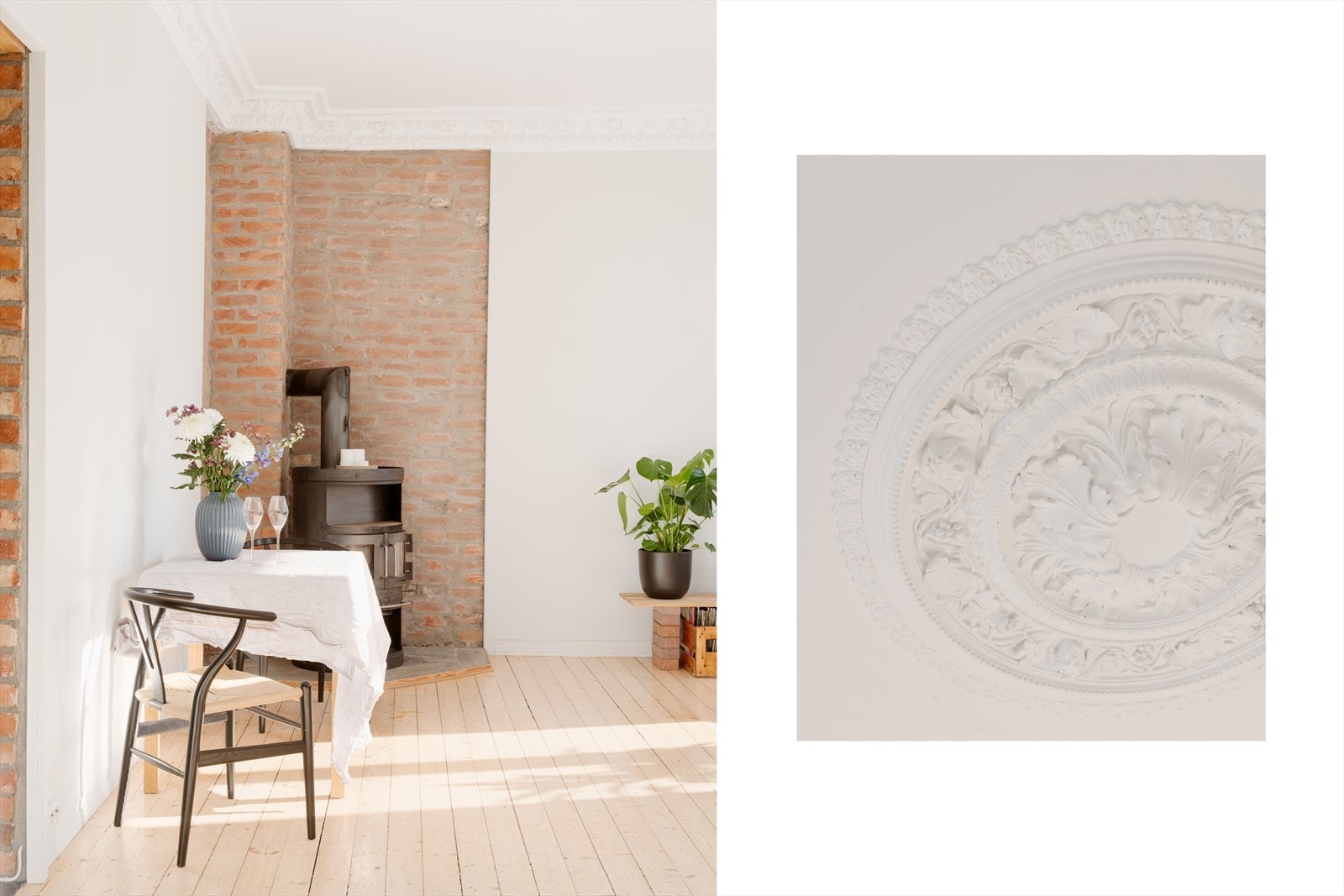 Stuen er romslig med god plass til avslapning og hygge. Originale elementer som stukkatur, teglstein, tregulv og rosett er pent bevart, og tilfører leiligheten en perfekt dose sjarm og sjel. Galleribilde