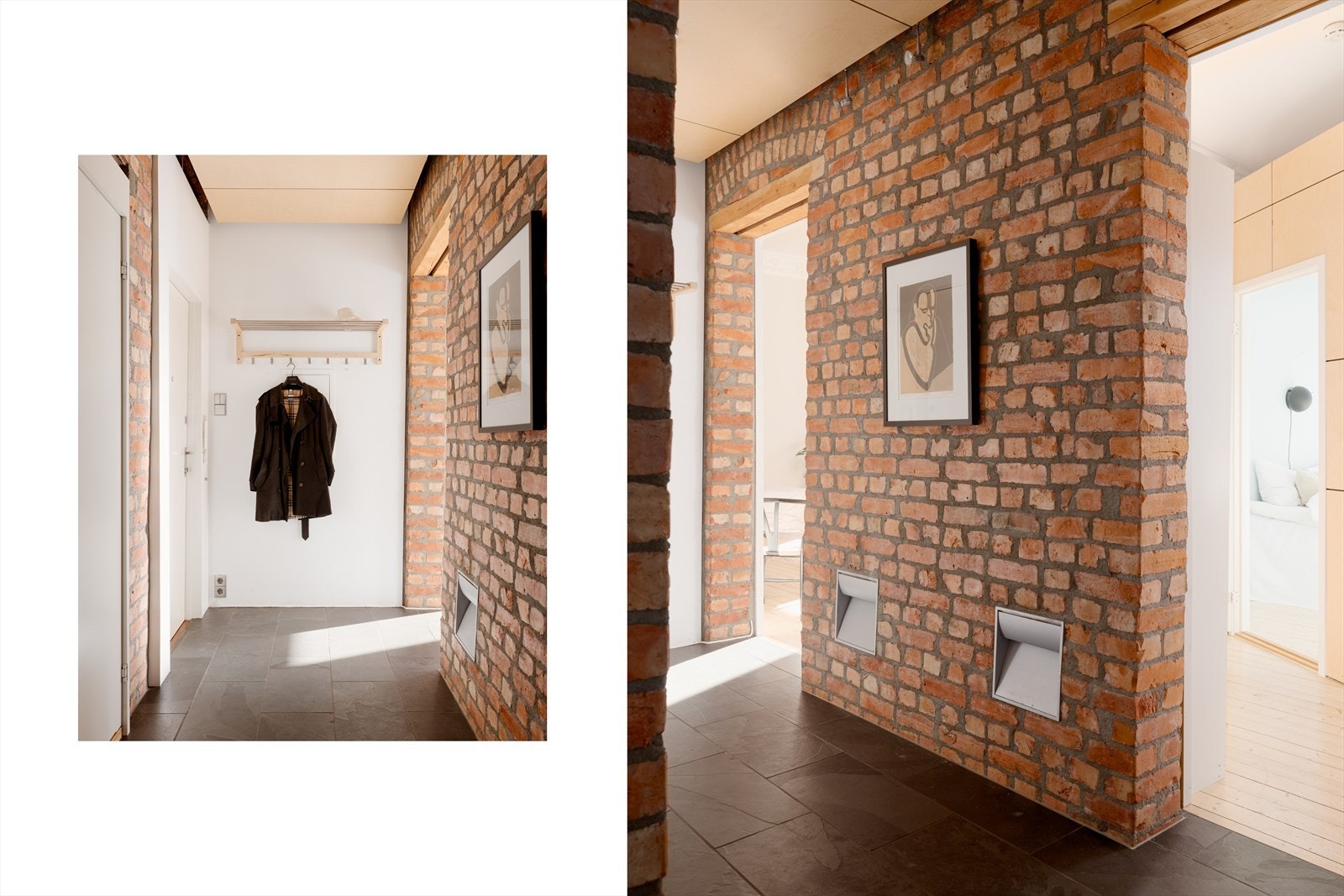 En lys og innbydende entré med teglstein ønsker deg velkommen inn og setter tonen for boligens unike uttrykk allerede ved første steg innenfor. Galleribilde