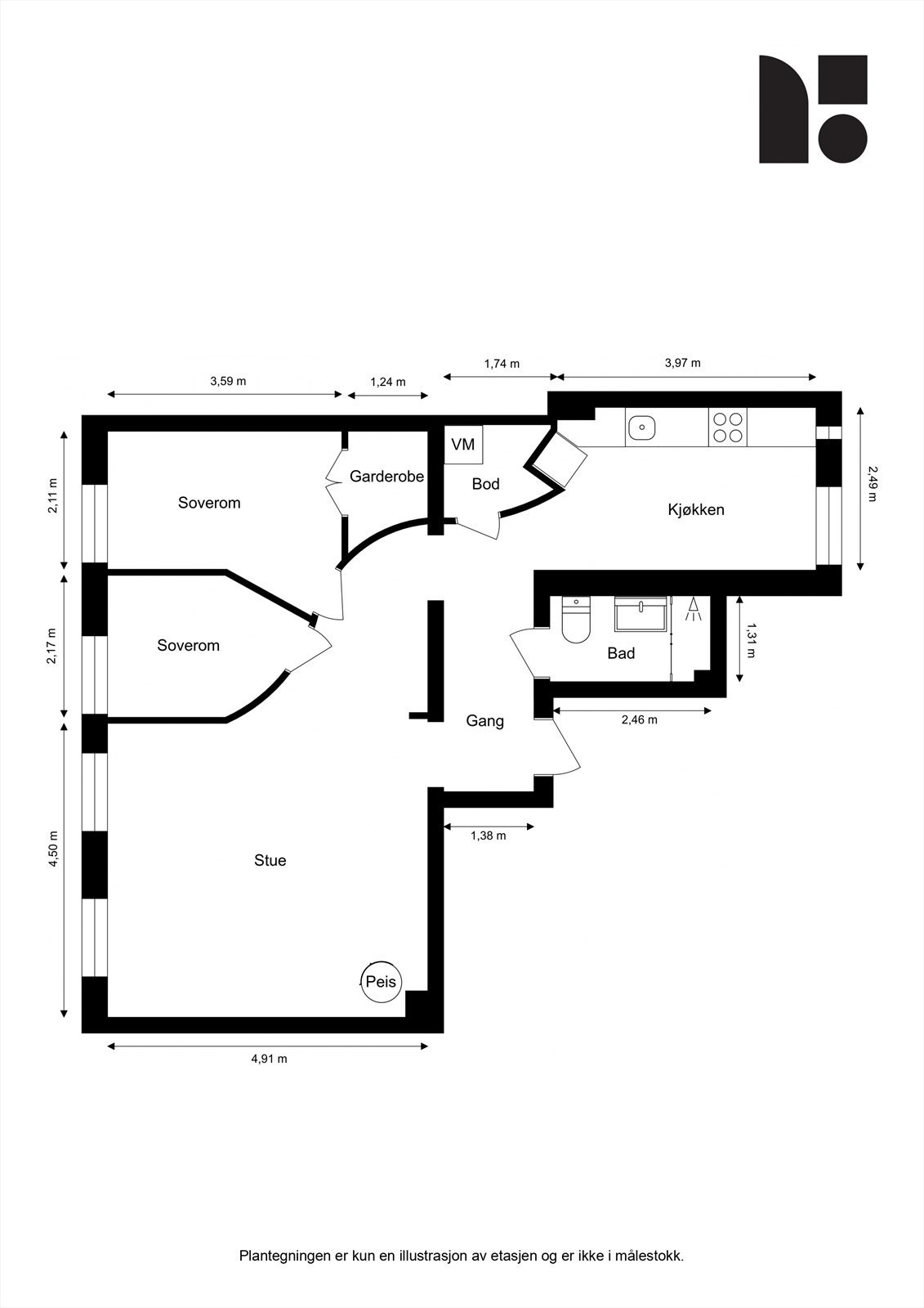 Plantegning. Boligen disponerer bod i kjeller og loft på tilsammen 14 kvm. Galleribilde