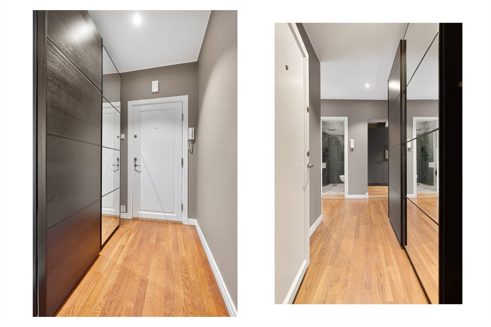 Velkommen inn i en lys entré med god plass til oppbevaring i garderobeskap med speilfronter. Galleribilde