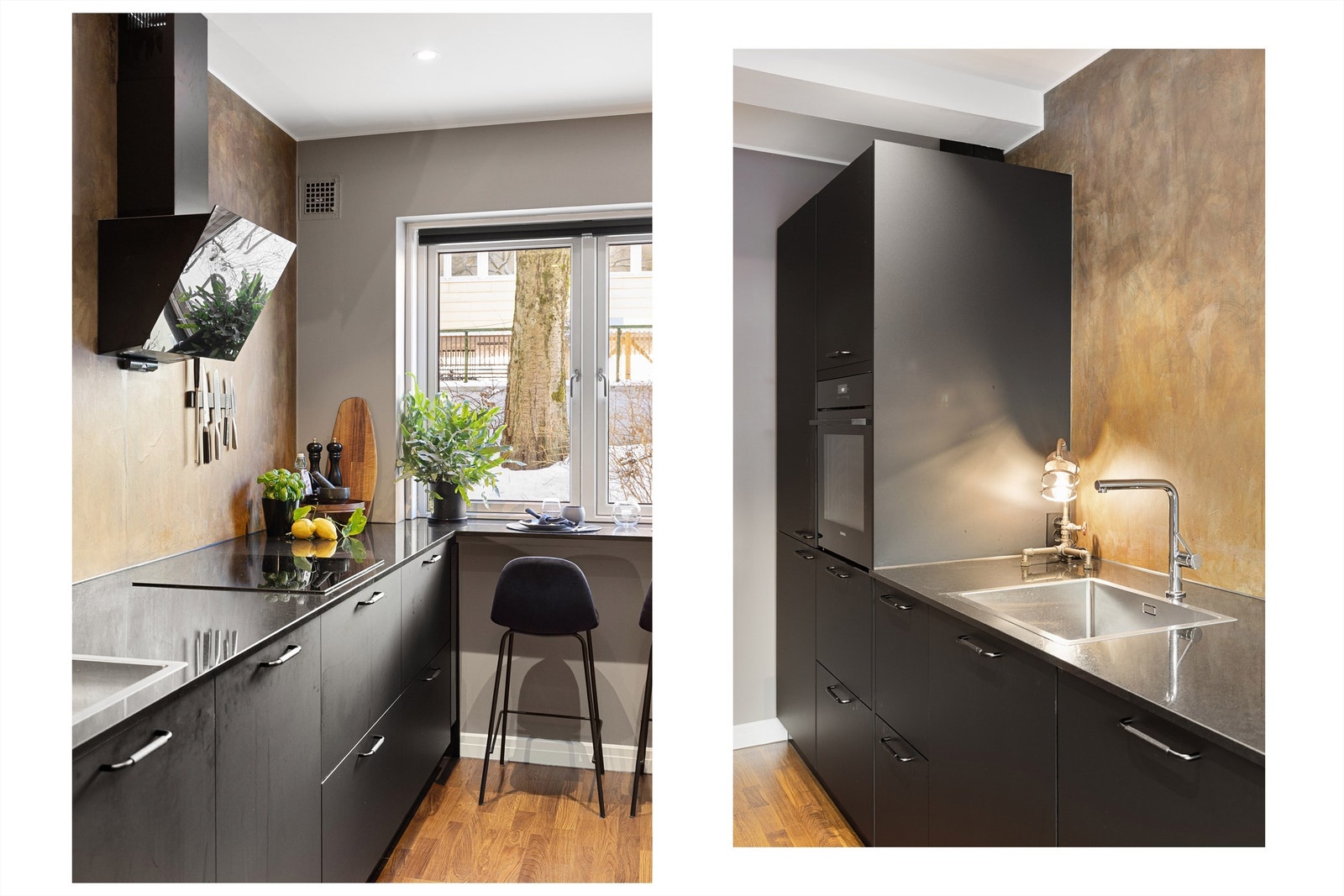 Integrerte hvitevarer: oppvaskmaskin, stekeovn, induksjonstopp, vinkjøler og kjøleskap med frysedel. Fritthengende ventilator med kullfilter. Det er montert automatisk lekkasjesikring og komfyrvakt. Galleribilde