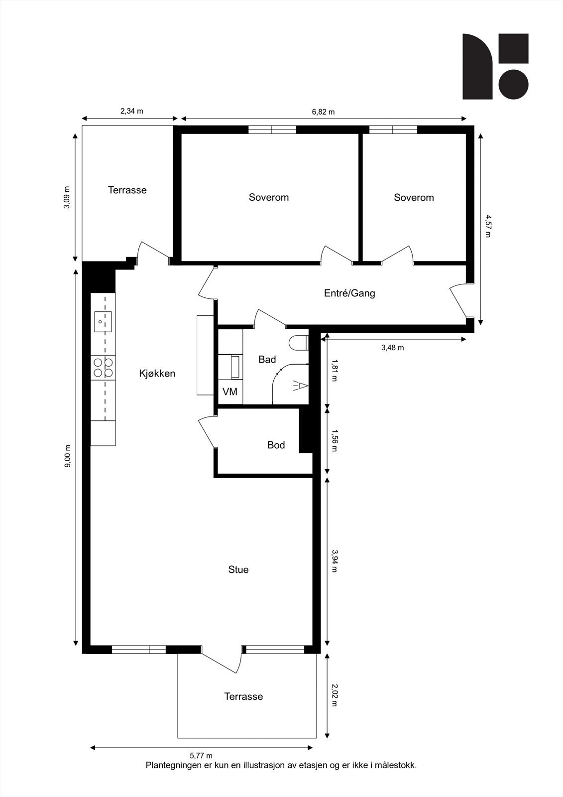 Plantegning. Boligen disponerer også bod på 4 kvm. i kjeller. Galleribilde