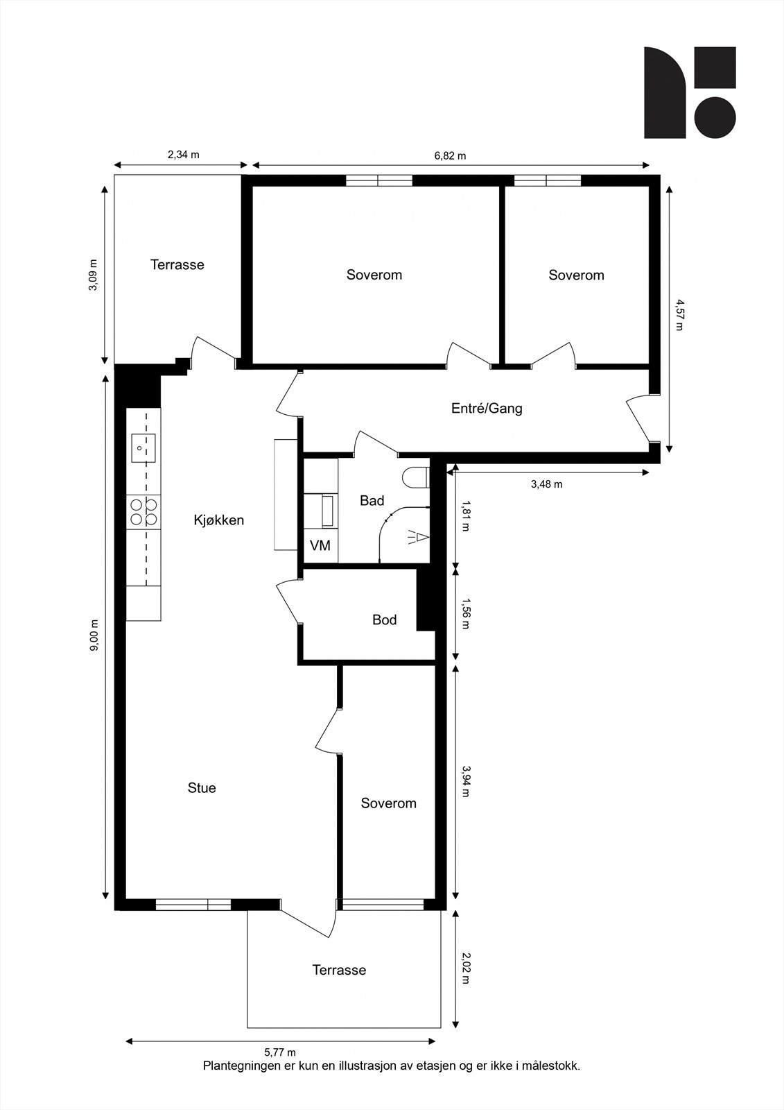 Alternativ planløsning. Man kan etablere et tredje soverom i deler av stuen. Galleribilde