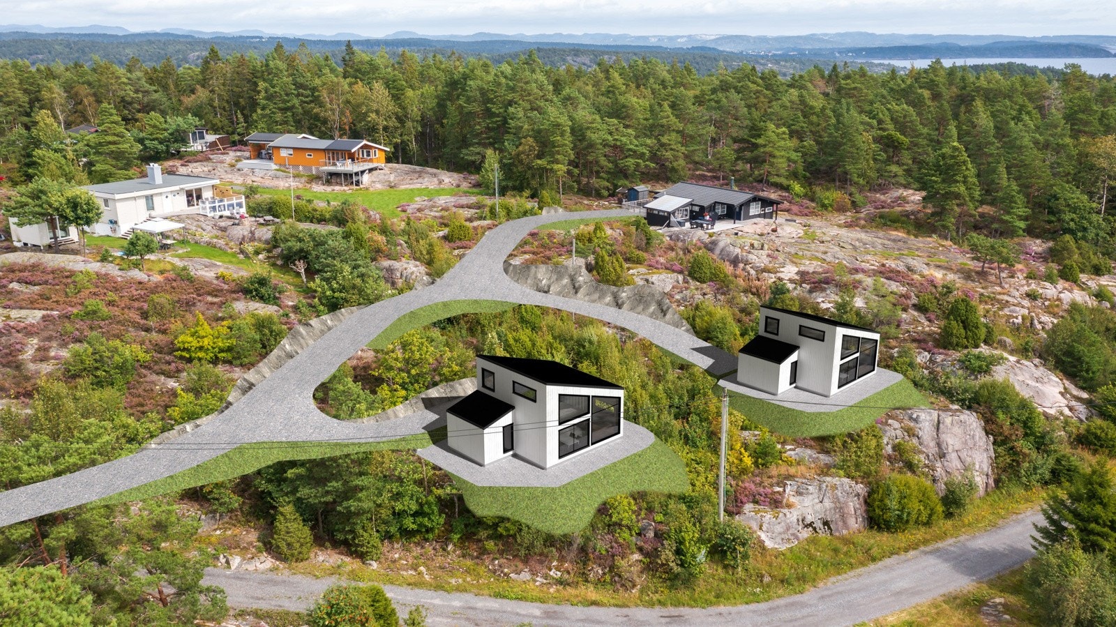 Illustrasjonsbilde, Tenkt plassering av hyttene og hvor veien blir liggende. Galleribilde