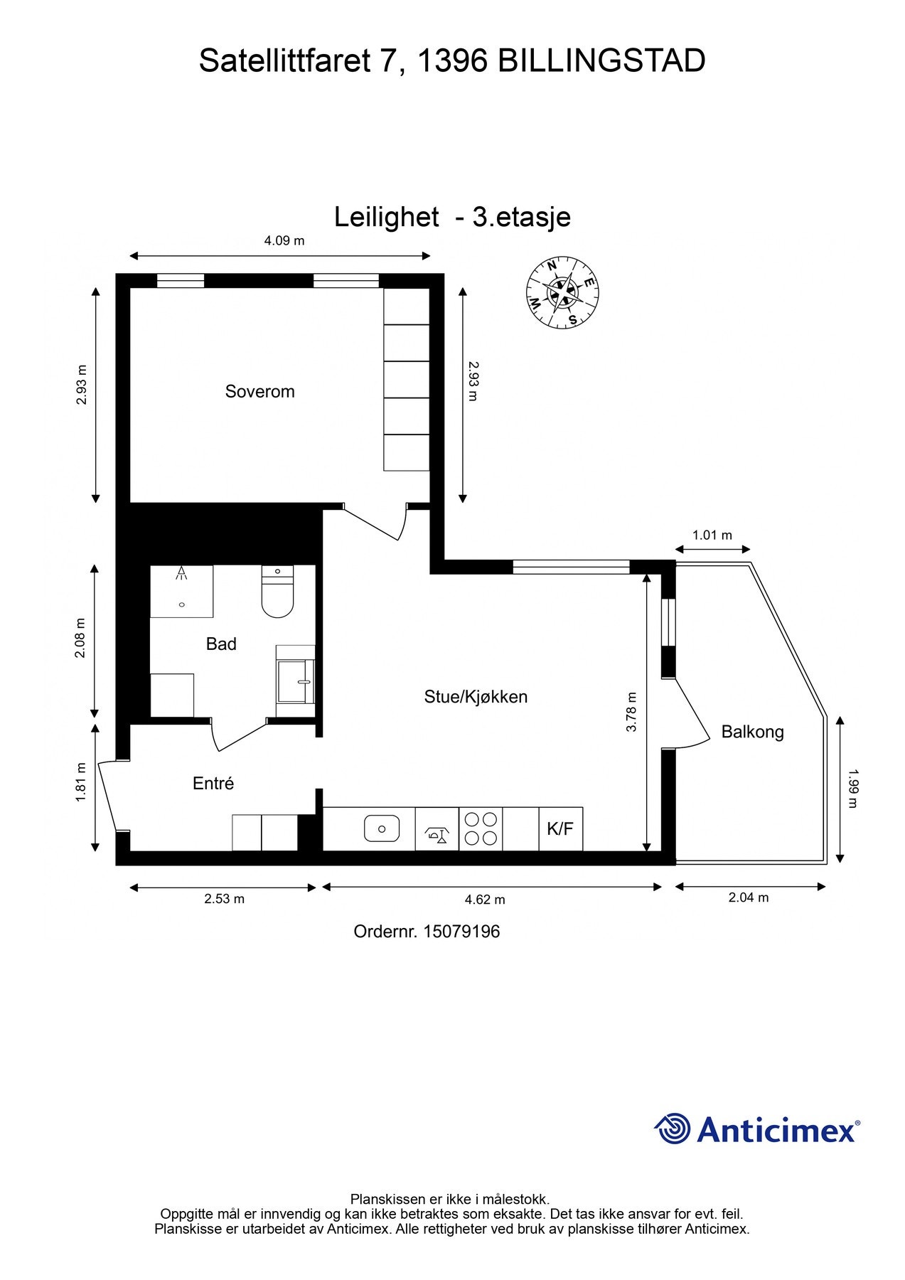 Boligen inneholder entré, stue/kjøkken, soverom, bad og balkong, samt en ekstern bod. Galleribilde