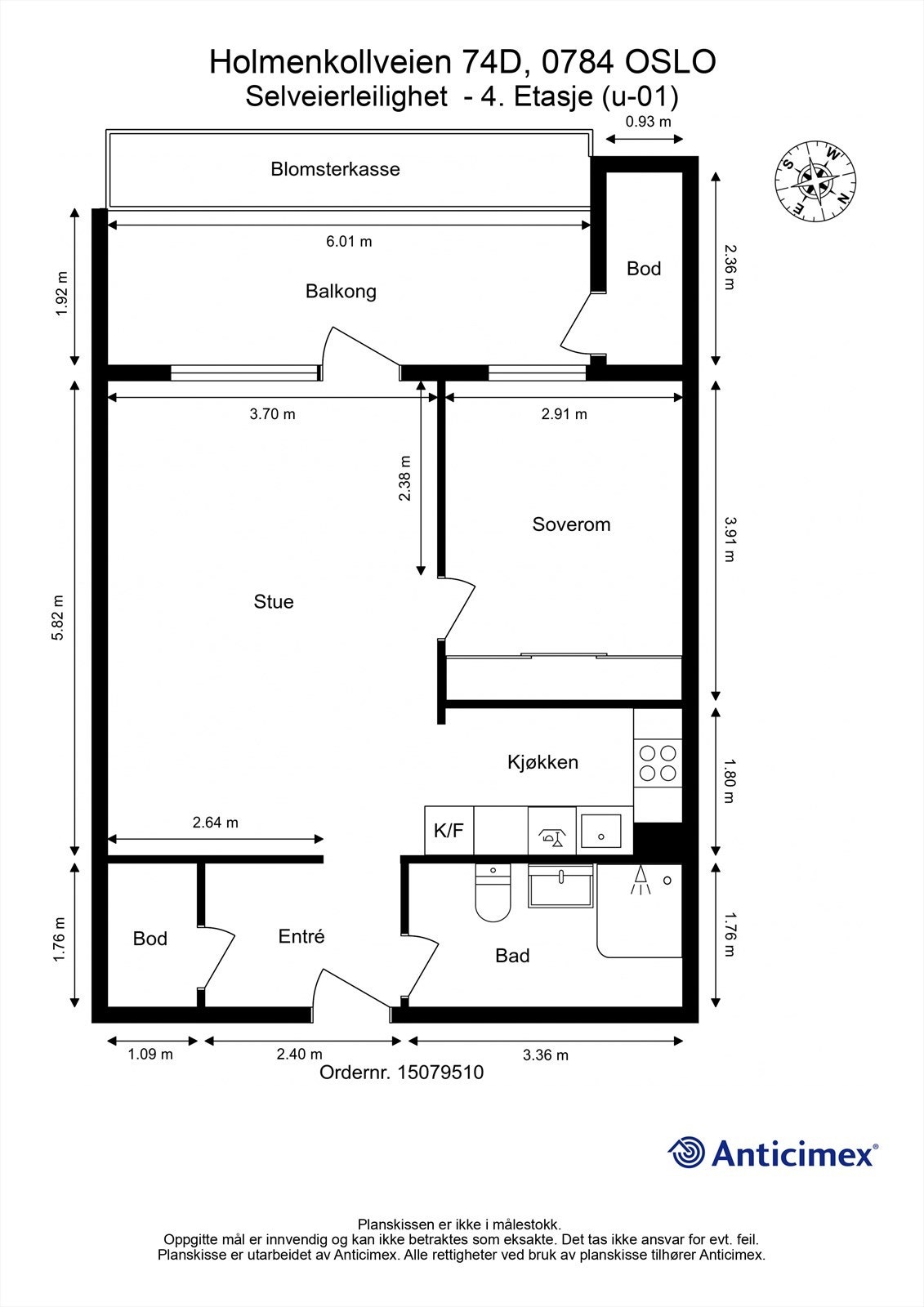 Leiligheten har en arealeffektiv planløsning på 54 m² som rommer entré, bad, soverom og stue med åpen kjøkkenløsning. Galleribilde