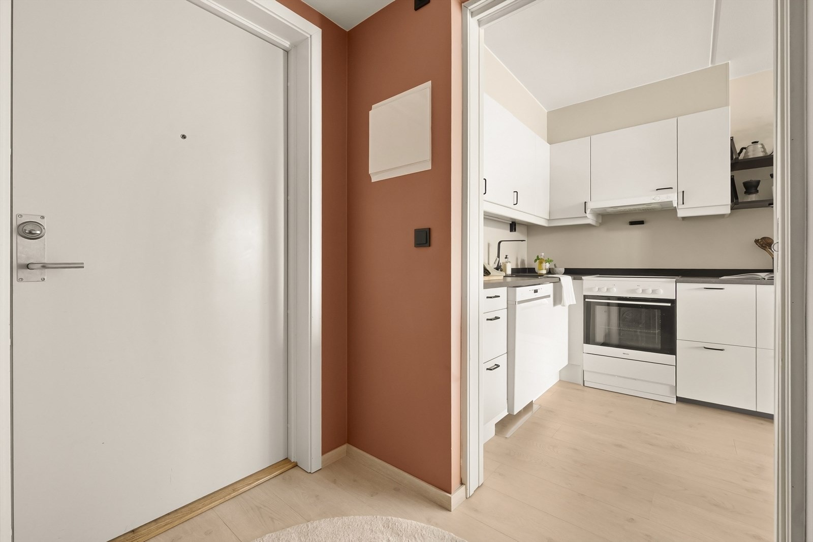 Fra entréen åpner leiligheten seg opp mot kjøkkenet og stuen. Galleribilde