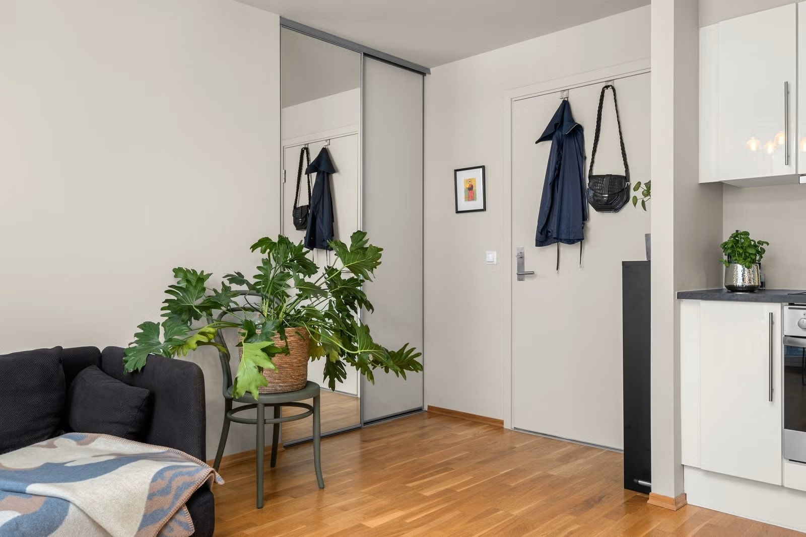 Inngangspartiet har speilskyvedørsgarderobe og oppheng for klær Galleribilde