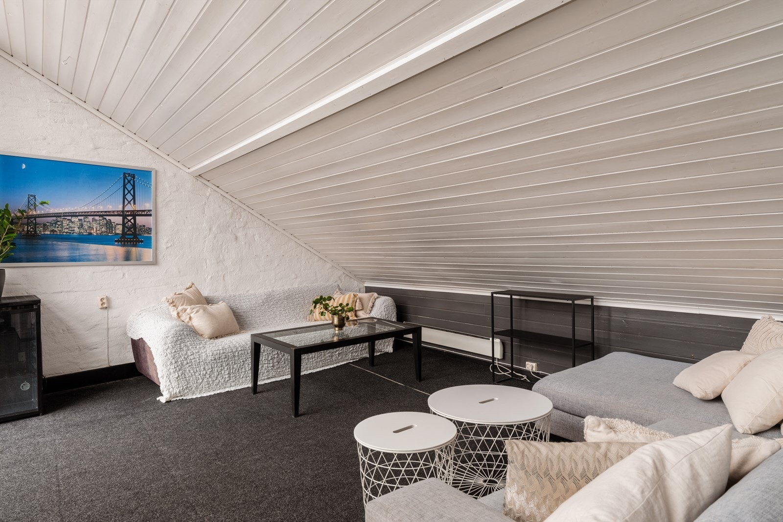 Lys og romslig oppholdsrom med mange sitteplasser. Galleribilde