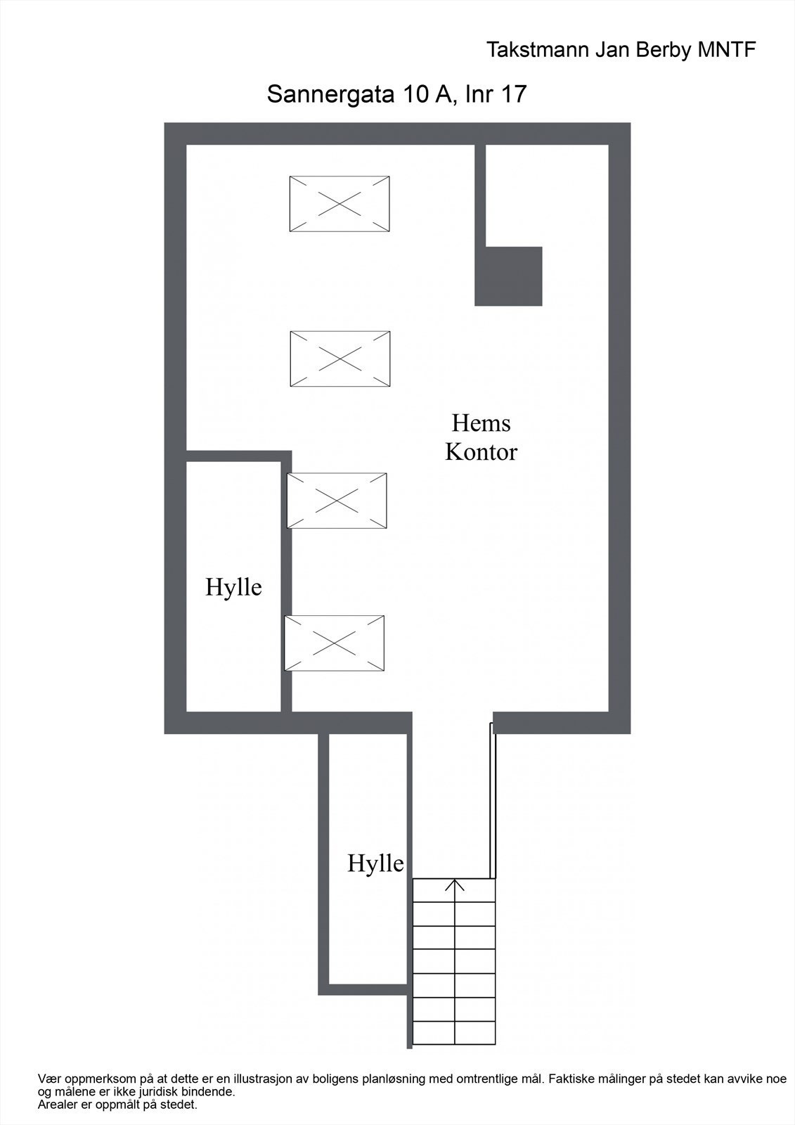 Plantegning for hemsen. Arealet er ikke målbart, men har et gulvareal på 18 m². Galleribilde