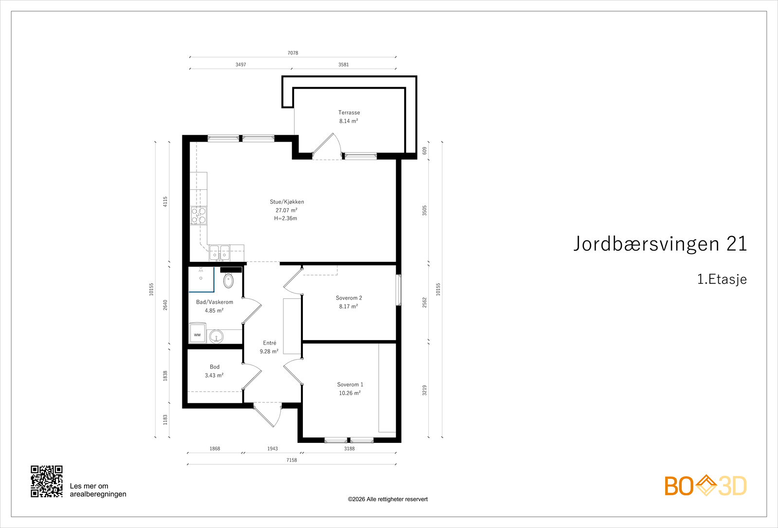 Leiligheten på 66 m² har en arealeffektiv planløsning. Galleribilde