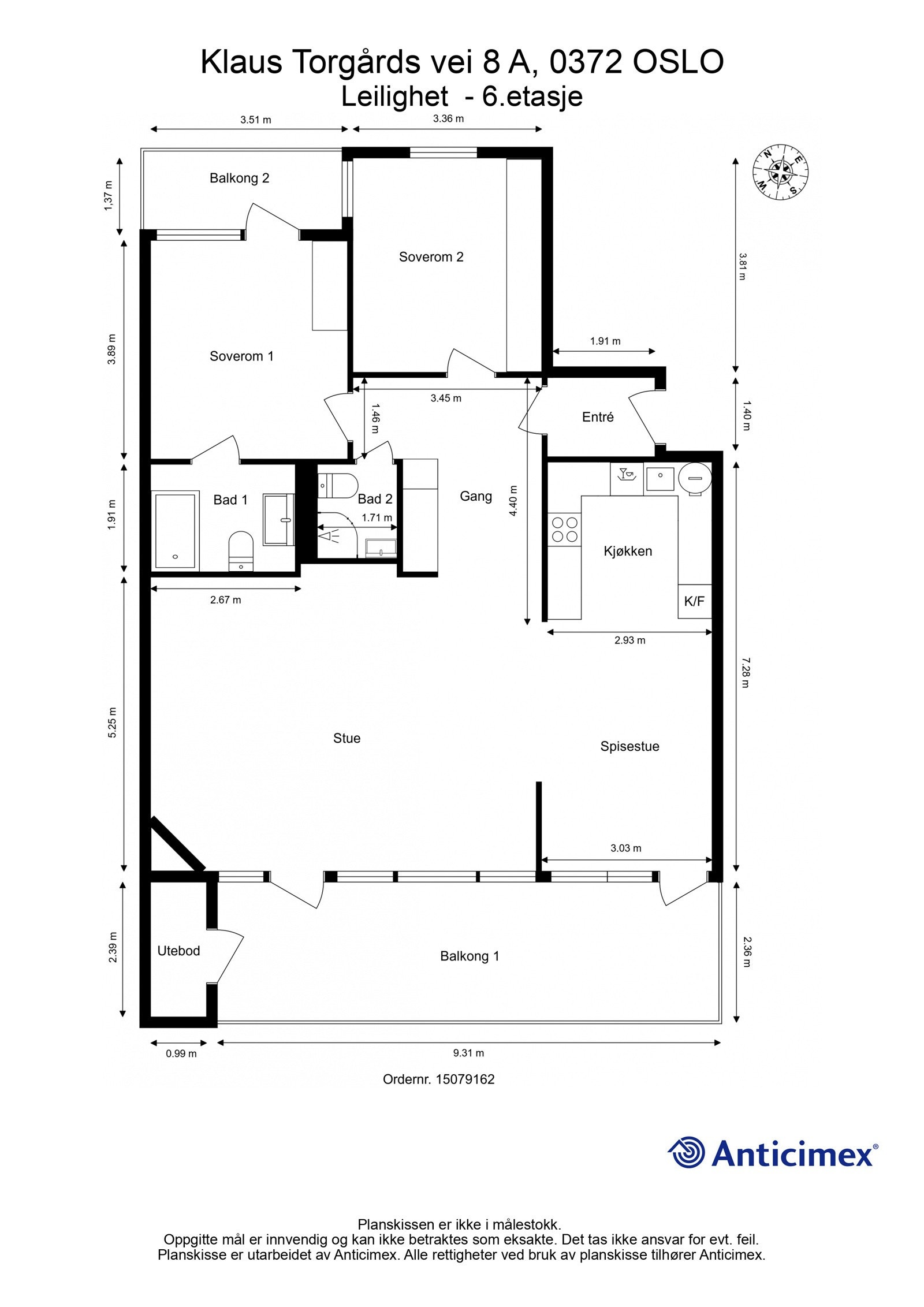 - Plantegning med mål Klaus Torgårds vei 8 A, 6. etasje - Galleribilde