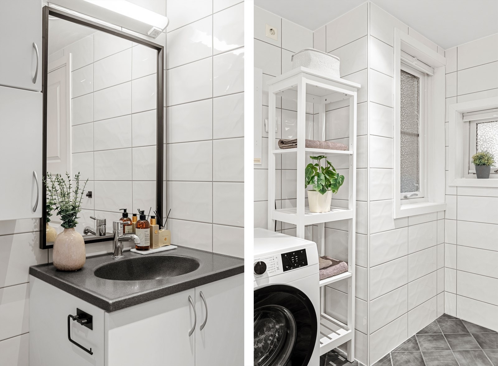 Her er det er utstyrt med nedfelt servant, toalett, dusjhjørne og opplegg for vaskemaskin. Det er avtrekk via balansert ventilasjon. Galleribilde