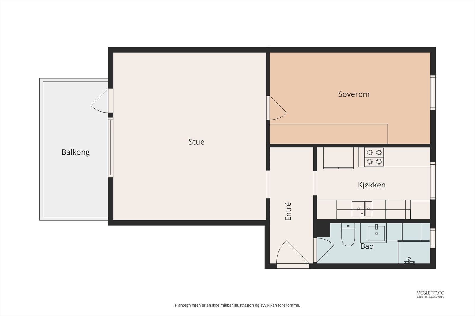 Planløsningen på 56 m² er arealeffektiv og omfatter entré, bad, stue, kjøkken og soverom. Galleribilde