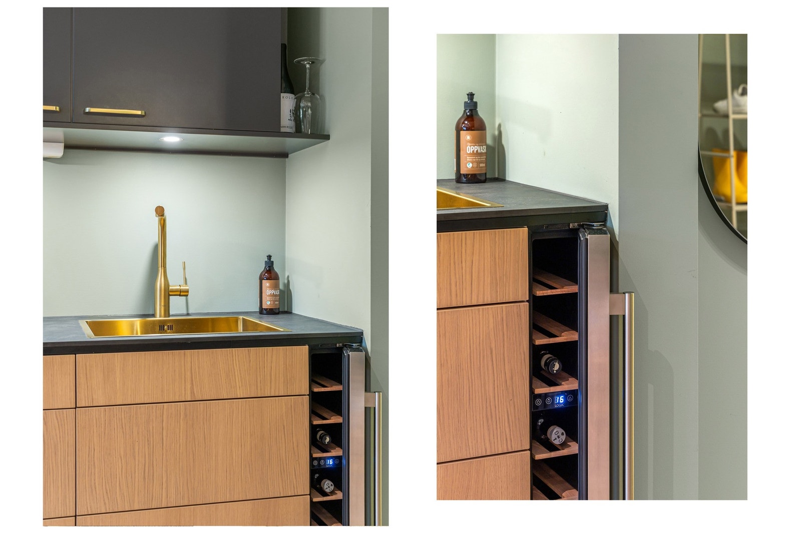 Benkeplate og vask i messing , montert nytt i 2026 sammen med skuffefronter i naturlig eik. Galleribilde
