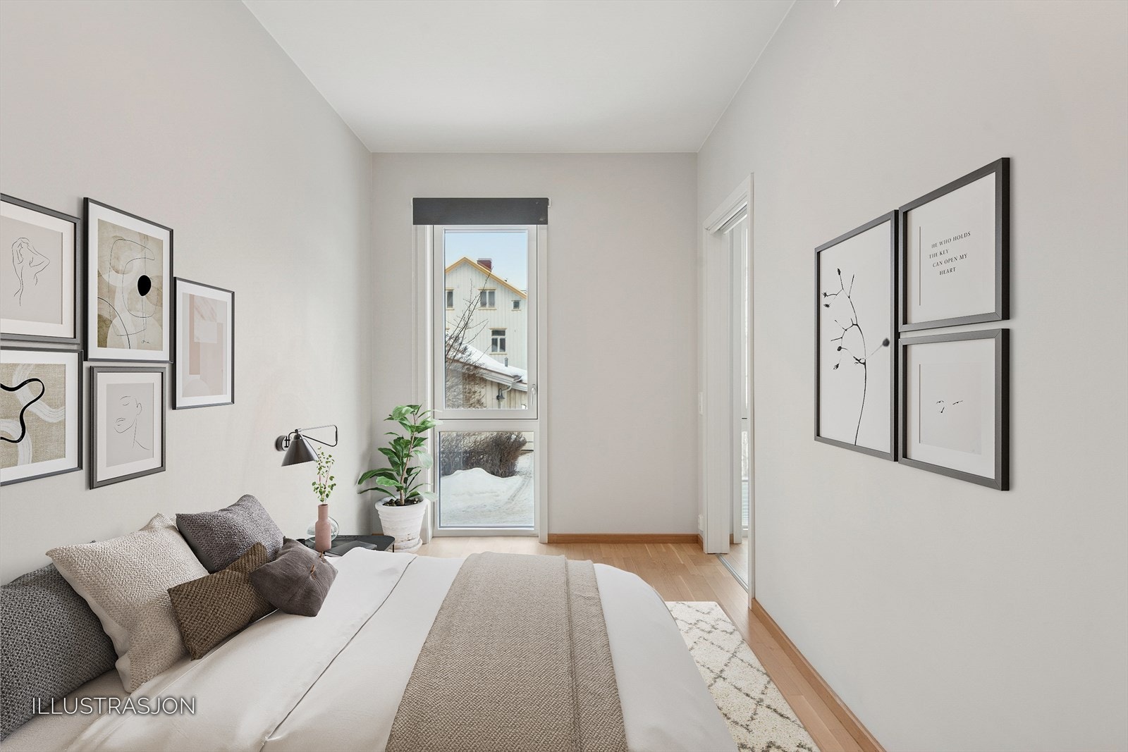 Lyst og romslig soverom.
Rommet er digitalt innredet. Galleribilde