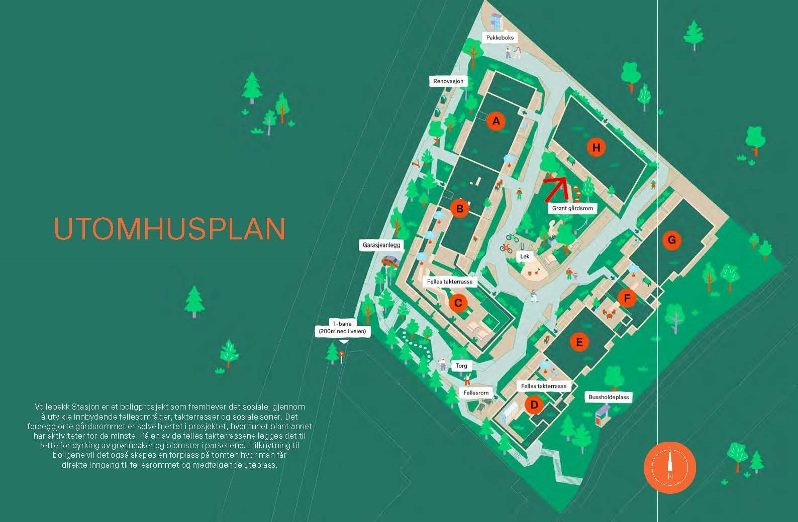 Utomhusplan - Leilighetens interne beliggenhet markert med rød pil Galleribilde