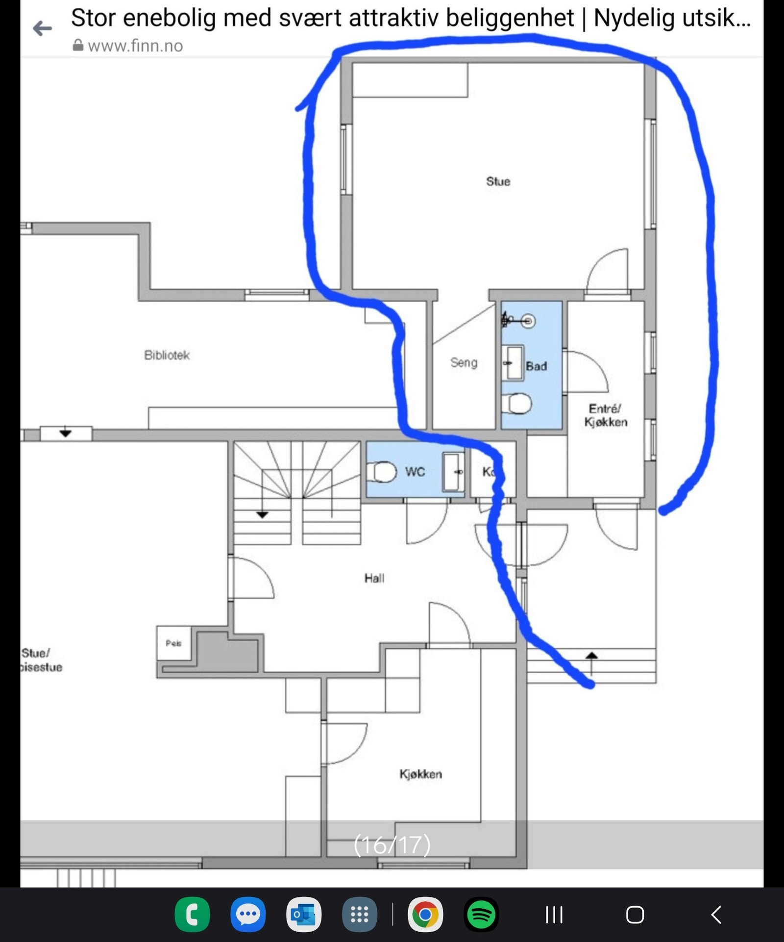 Leiligheten ringet inn med blått. Galleribilde