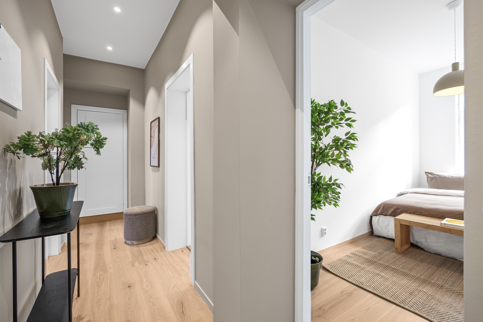 Innbydende entrè bestående av malte og slette veggflater. Galleribilde