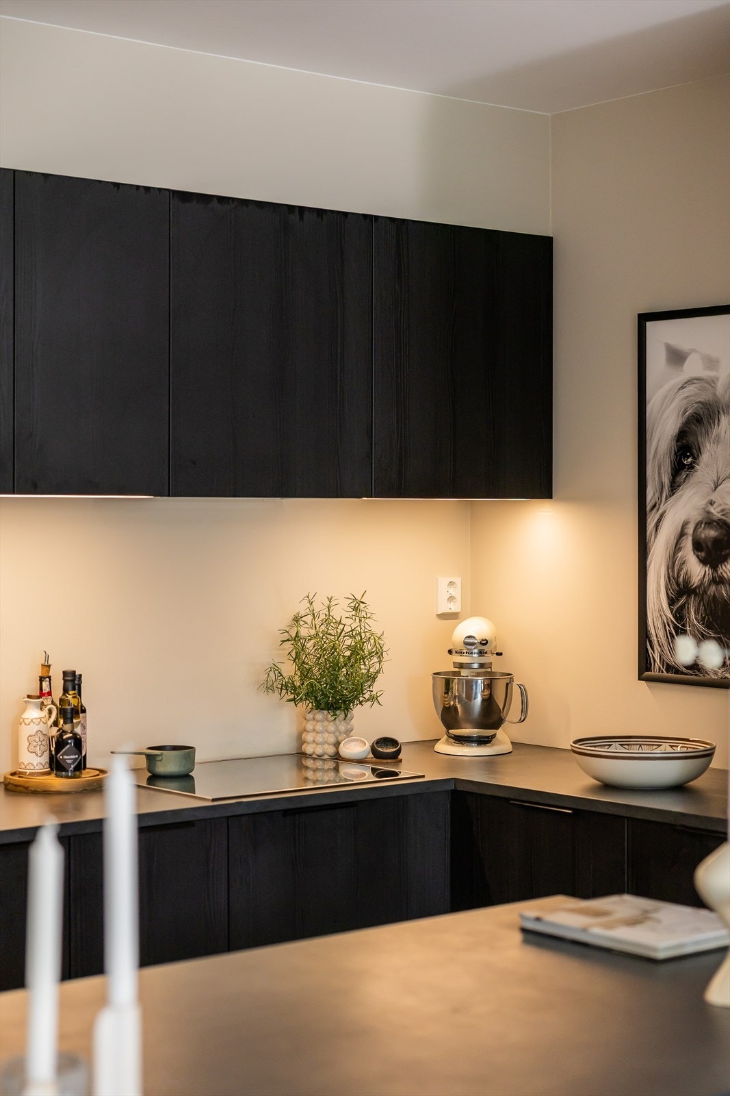 Skuffer er utstyrt med fulluttrekk, og både skuffer og skap har demping. Belysning i overskapsbunnen gir godt arbeidslys på kjøkkenbenken. Galleribilde