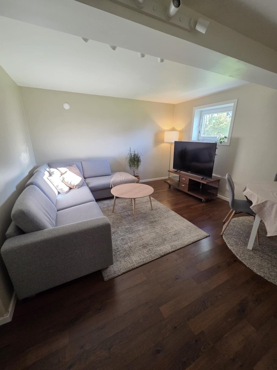 Stue møblert med sofa og tv. Galleribilde