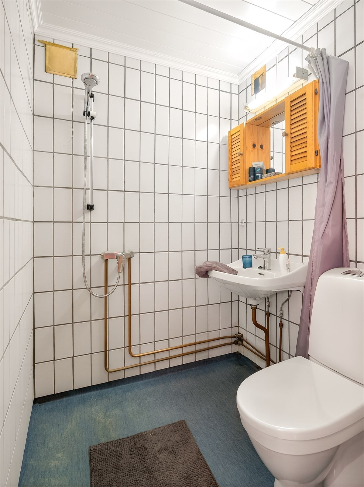 Bad i underetasjen som inneholder toalett fra 2024, servant, skap med speil og vegghengt dusj med forheng. Galleribilde