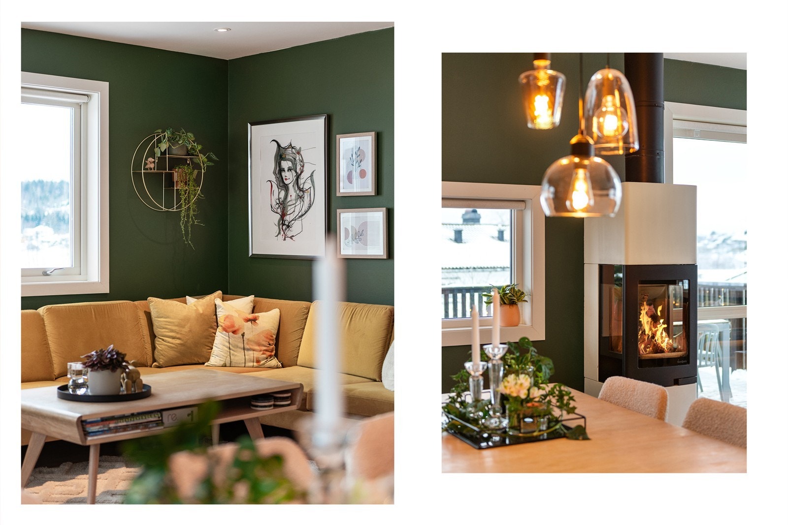 Lekker stue malt i en nydelig grønnfarge og ikke minst peis, det passer fint i disse kalde vinterdager Galleribilde