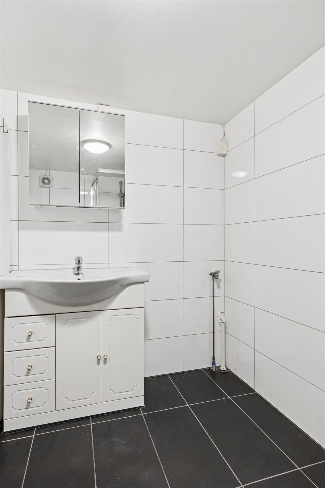 Her er det servant med underskap og praktisk opplegg for vaskemaskin. Galleribilde