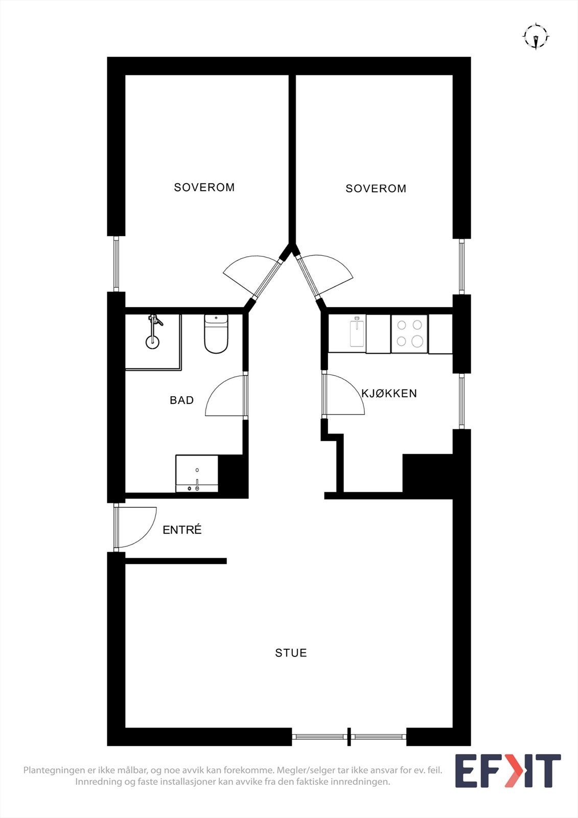 Boligens første etasje har en funksjonell planløsning med stue, kjøkken, bad og to soverom. Galleribilde