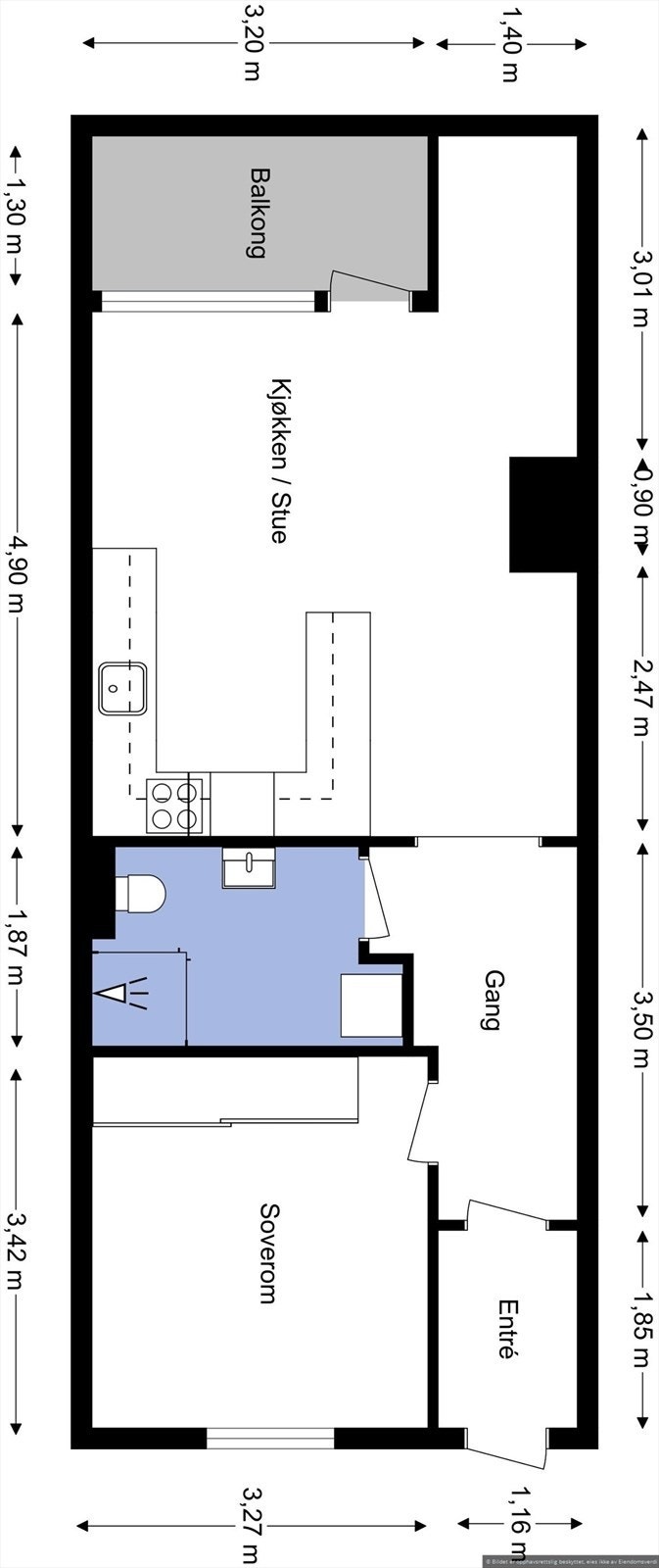 Plantegning. Vegg til bod i høyre hjørne er fjernet, avvik fra orginale tegninger. Galleribilde