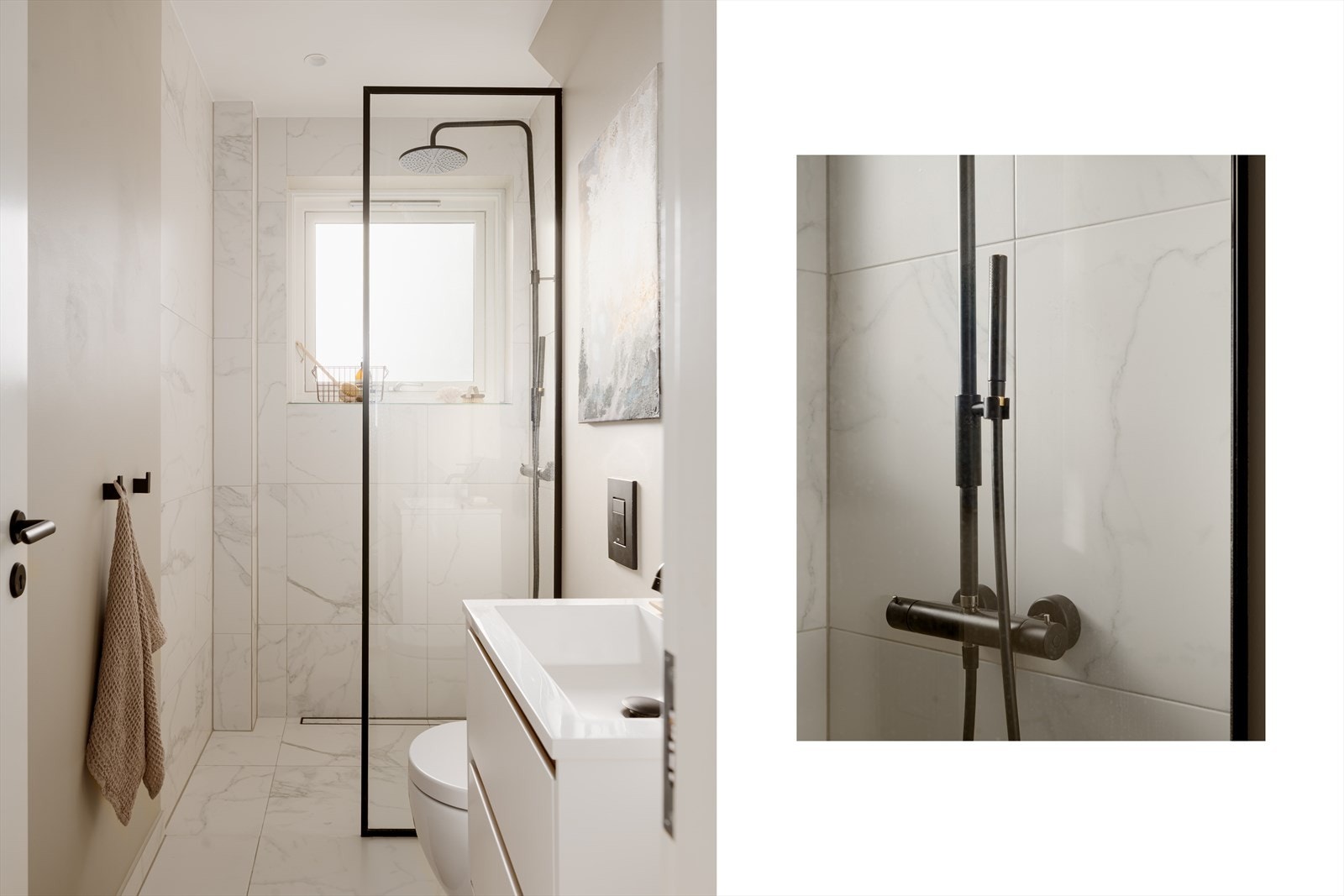 Baderommet ble renovert i 2018 og er utført i en moderne og harmonisk stil der farger og materialvalg er nøye koordinert. Galleribilde