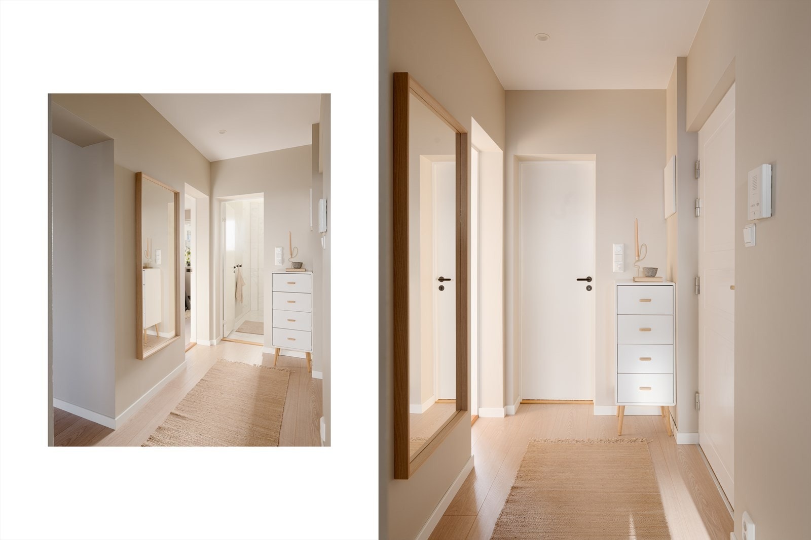 Du ønskes velkommen inn i en lys og innbydende entré med lysmalte overflater og innfelte LED-spotter i himlingen, som skaper et godt førsteinntrykk av boligen. Galleribilde